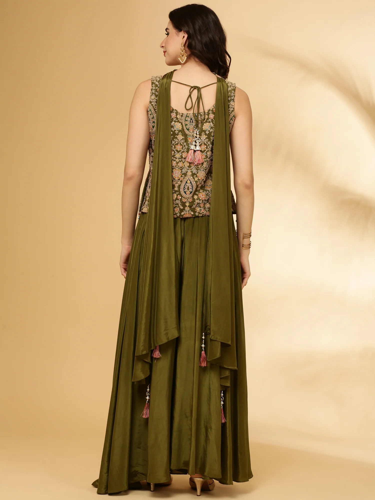 Mehendi Green Chinnon Crop Top Palazzo Set - Image 3