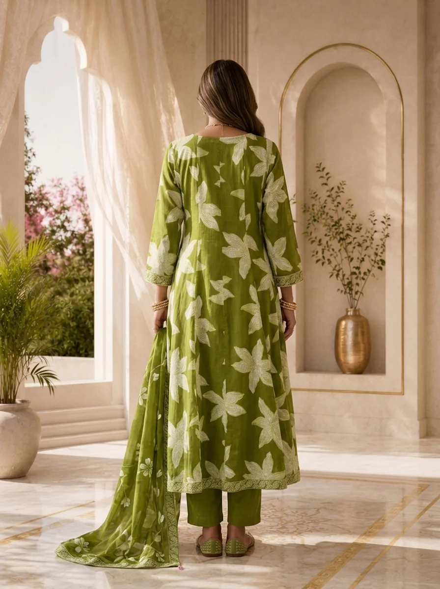 Mehadi Green Cotton Printed And Hand Embroidery Three Piece Set - Image 3