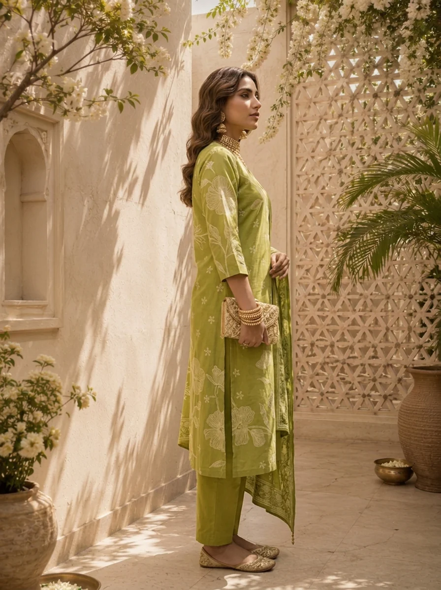 Mehadi Green Floral Printed Cotton Three Piece Set - Image 4