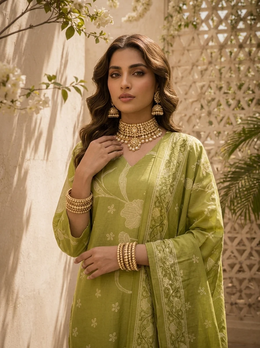 Mehadi Green Floral Printed Cotton Three Piece Set - Image 5
