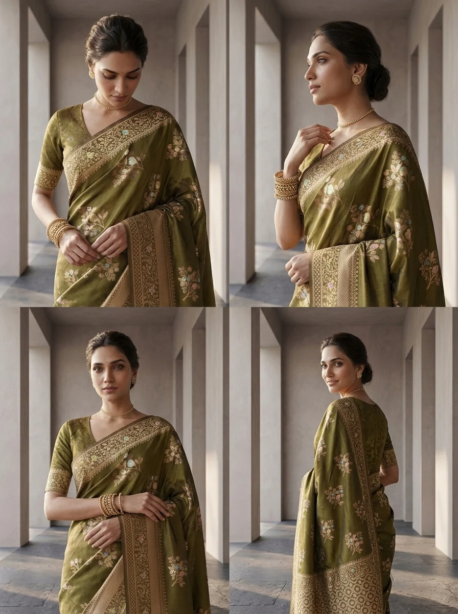 Mehadi Green Heavy Floral Design Weaved Silk Saree - Image 4