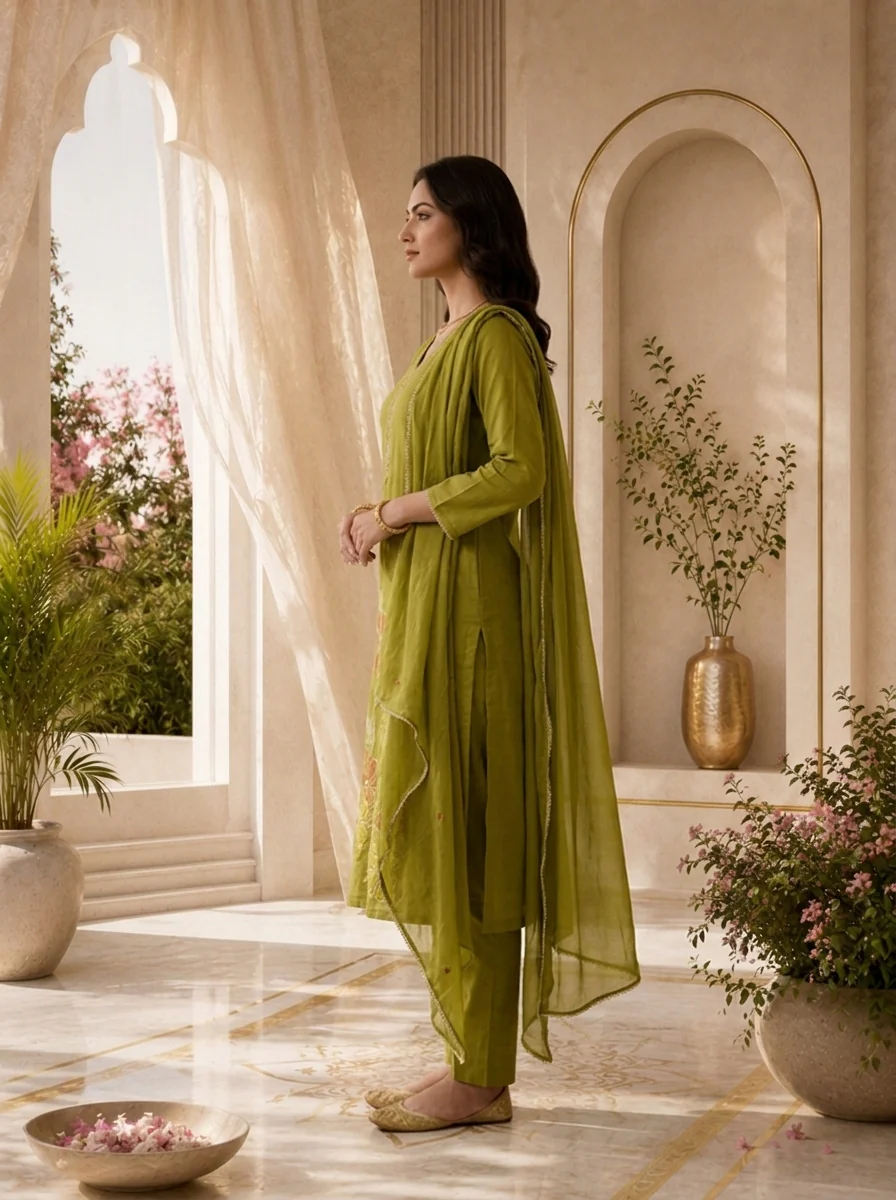 Mehadi Green Mirror And Patch Embroidered Cotton Three Piece Set - Image 3