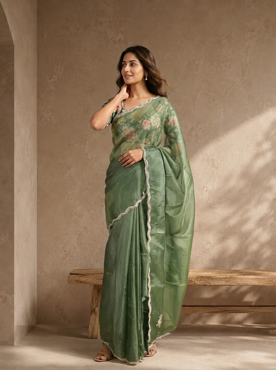 Mehadi Green Organza Embroidered Saree With Scallop Gota Border