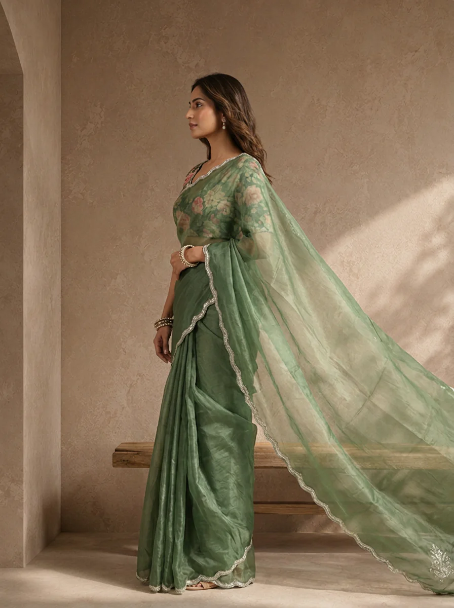 Mehadi Green Organza Embroidered Saree With Scallop Gota Border - Image 2