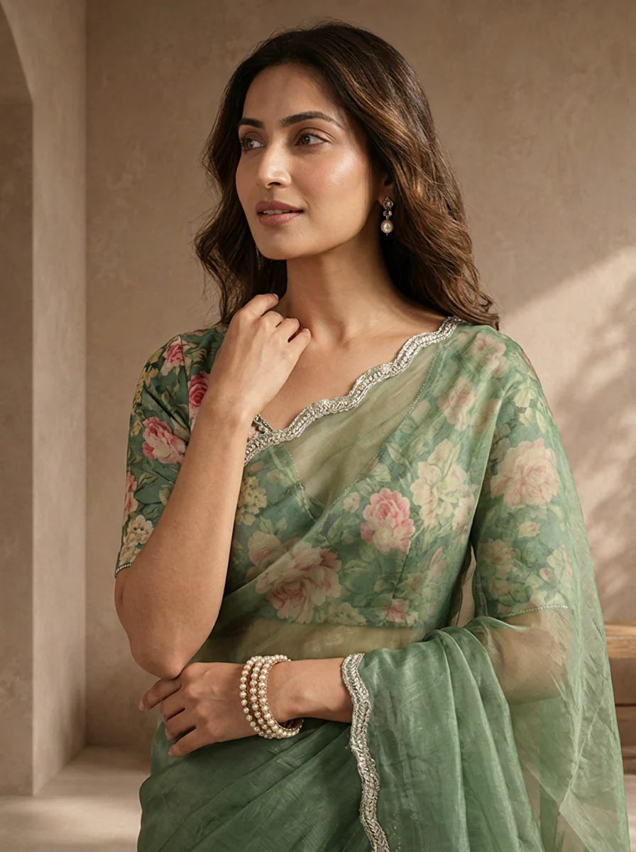 Mehadi Green Organza Embroidered Saree With Scallop Gota Border - Image 3