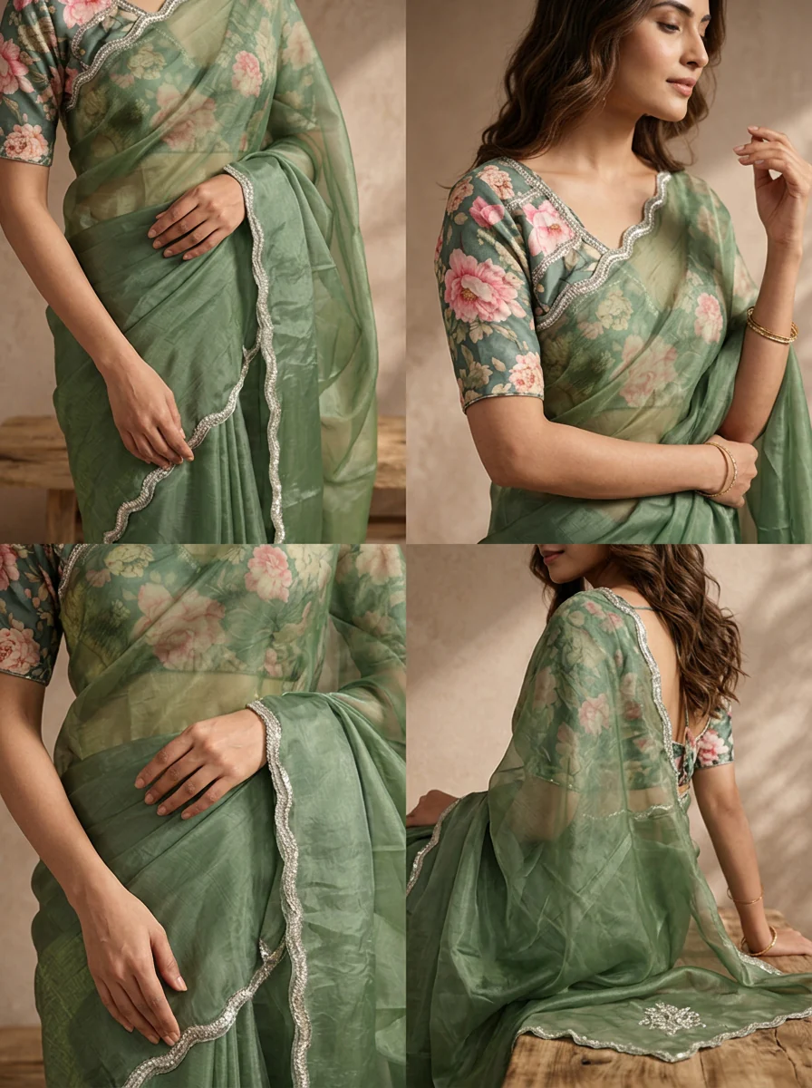 Mehadi Green Organza Embroidered Saree With Scallop Gota Border - Image 4