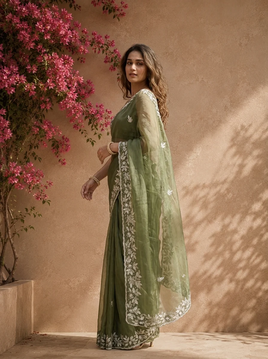 Mehadi Green Organza Saree With Silver Floral Leaf Embroidered Border - Image 2