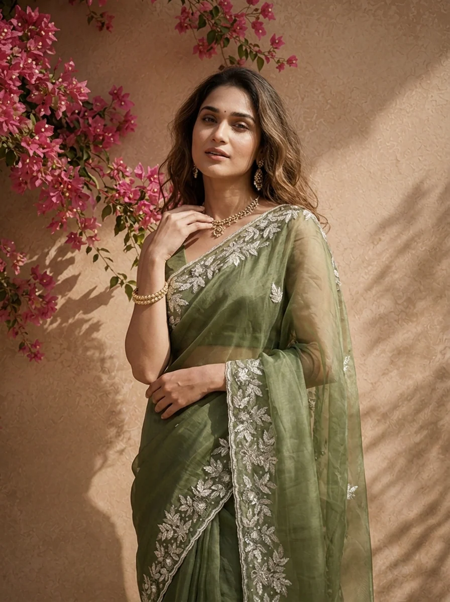 Mehadi Green Organza Saree With Silver Floral Leaf Embroidered Border - Image 3