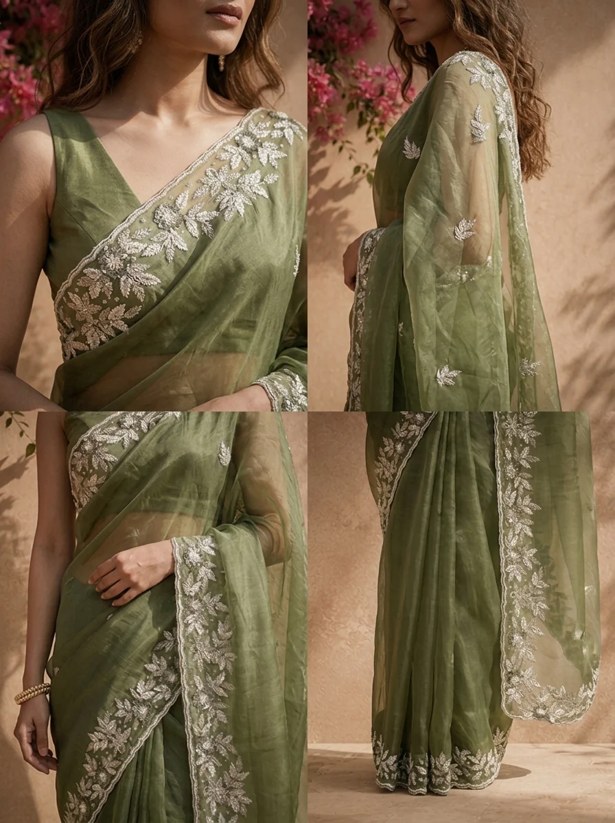 Mehadi Green Organza Saree With Silver Floral Leaf Embroidered Border - Image 4