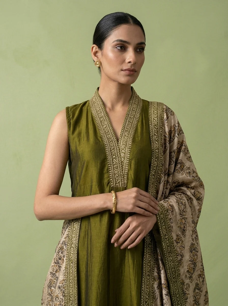 Mehadi Green Silk Floral Zari Embroidery Three Piece Set With Contrast Dupatta - Image 2