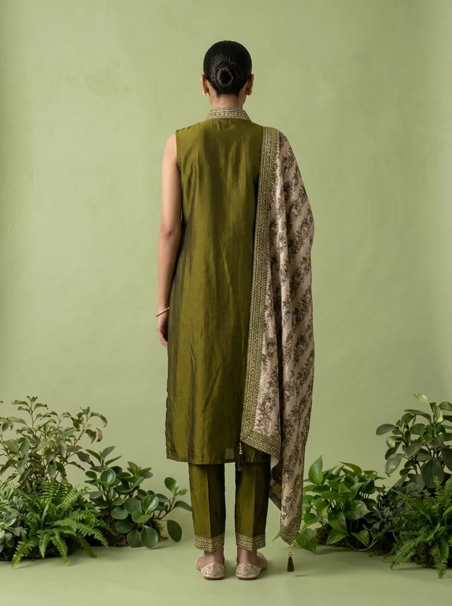 Mehadi Green Silk Floral Zari Embroidery Three Piece Set With Contrast Dupatta - Image 5