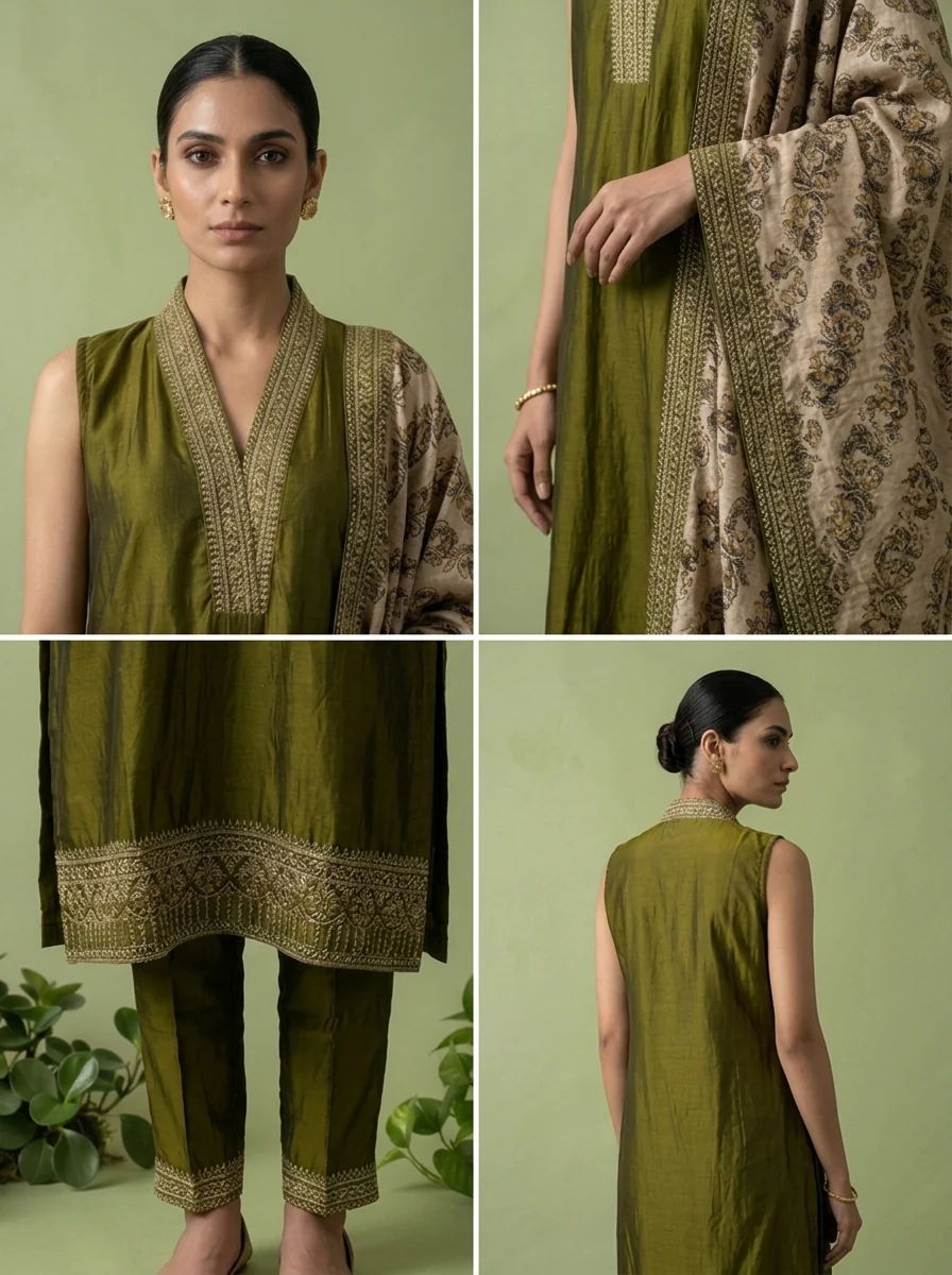 Mehadi Green Silk Floral Zari Embroidery Three Piece Set With Contrast Dupatta - Image 6
