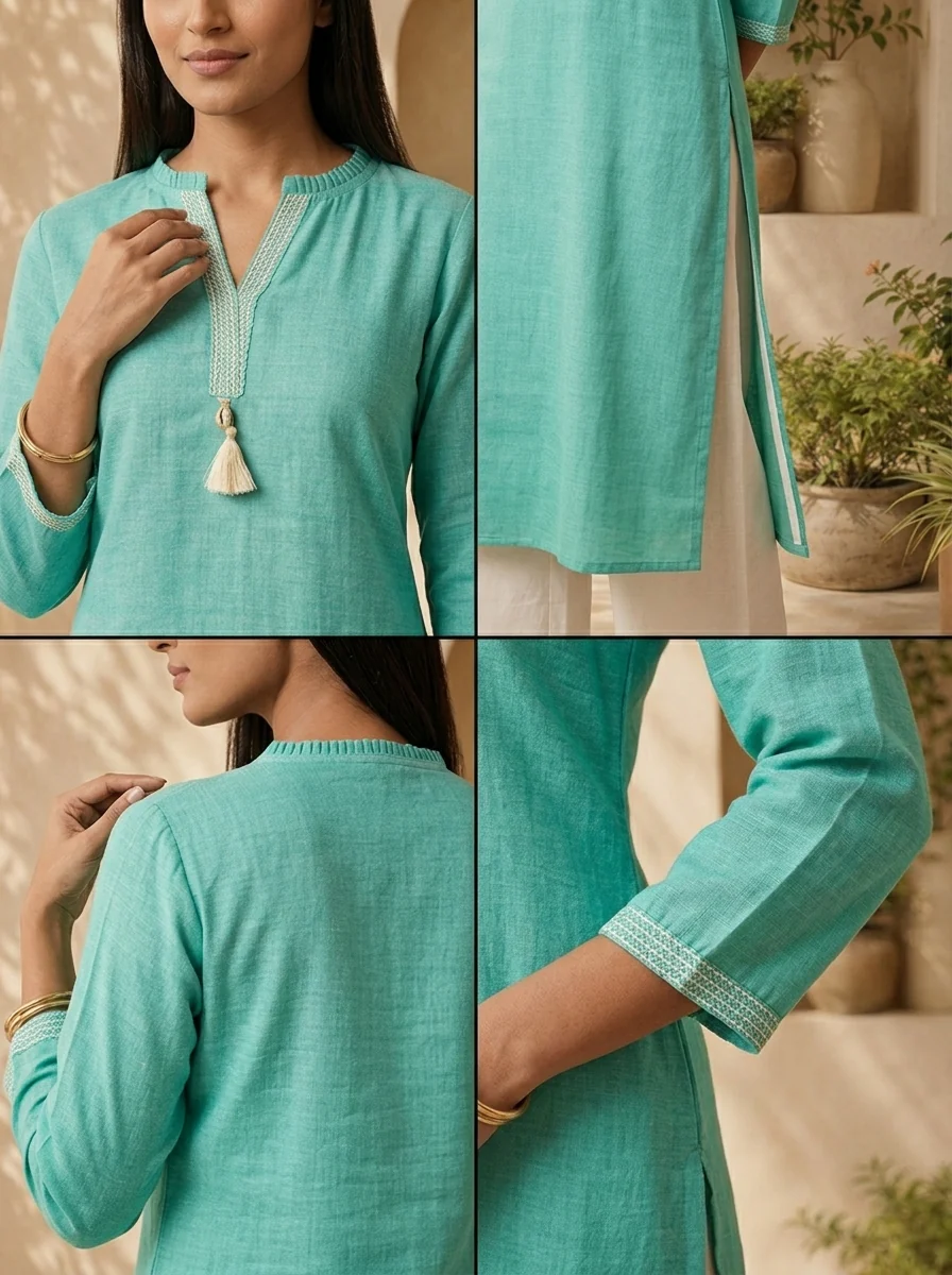Mint Aqua Solid Design And Thread Embroidery Linen Kurta - Image 5