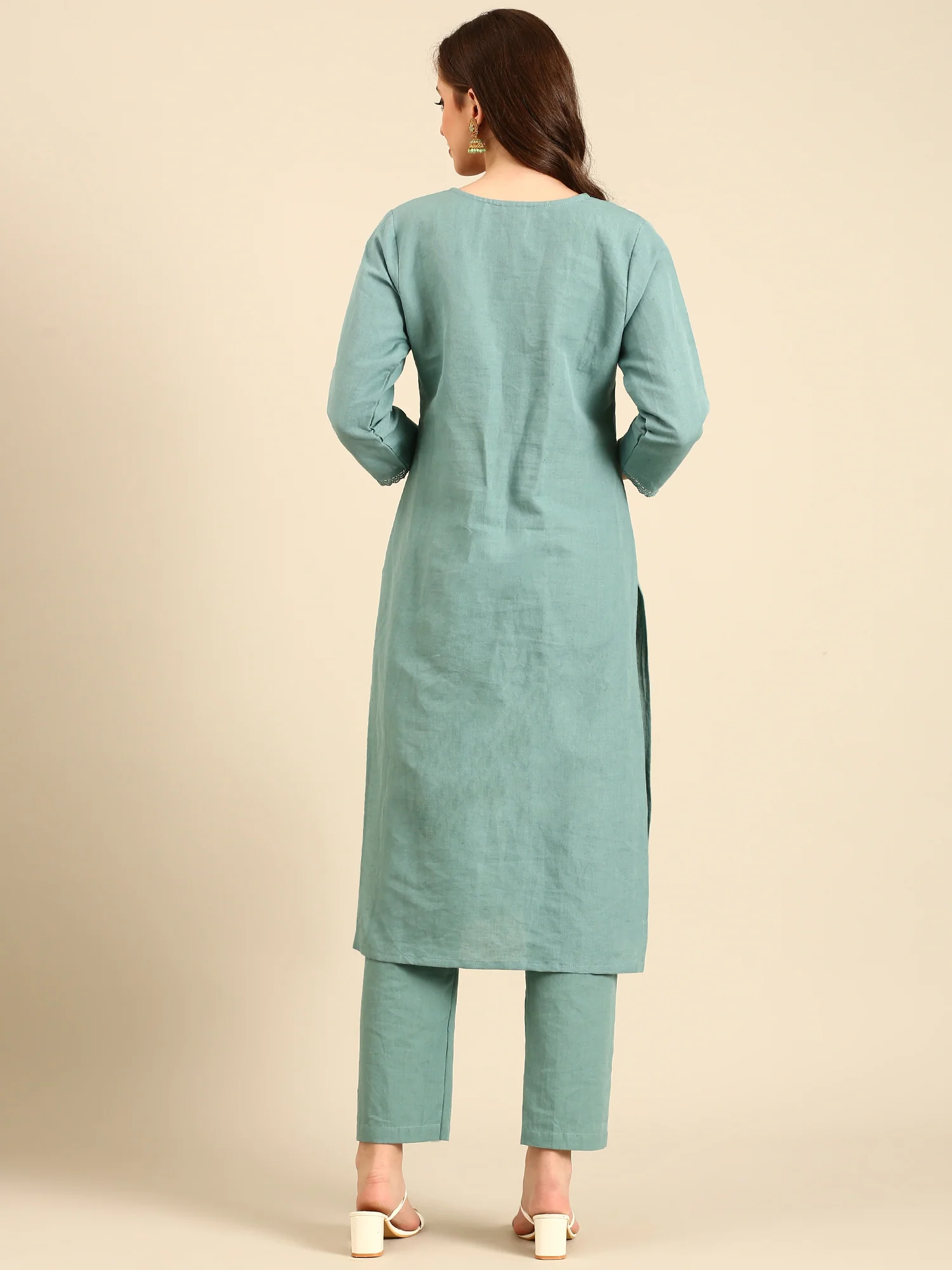 Mint green linen thread embroidery two piece suit set - Image 3