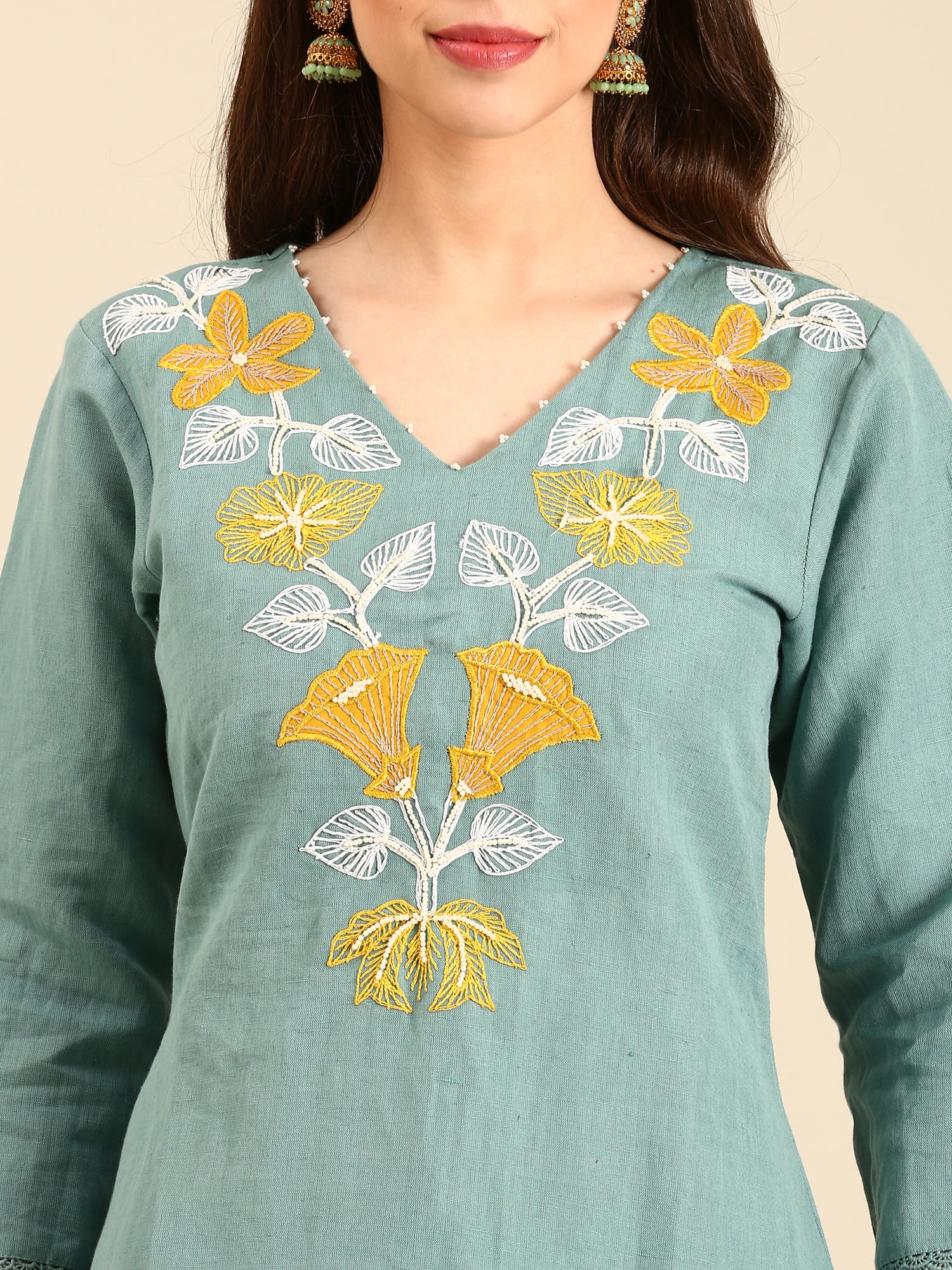 Mint green linen thread embroidery two piece suit set - Image 4