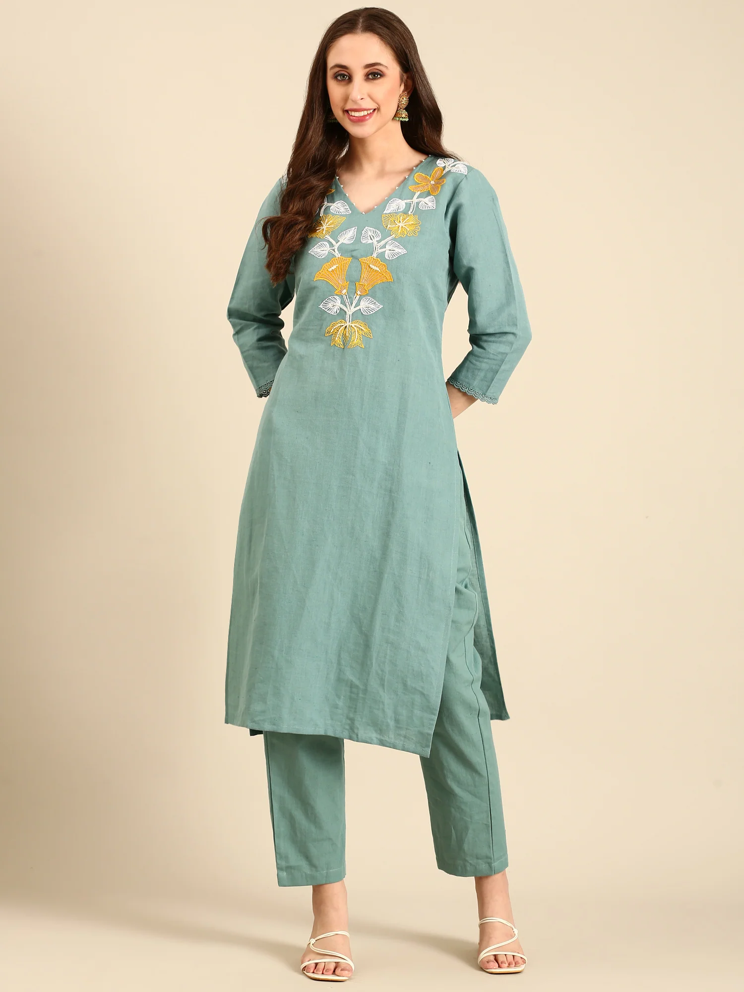 Mint green linen thread embroidery two piece suit set - Image 5