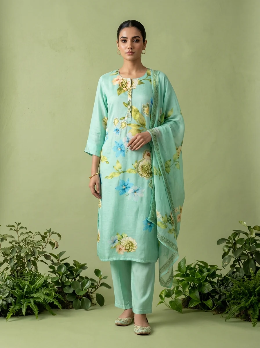 Mint Linen Heavy Floral Printed Three Piece Set - Image 2