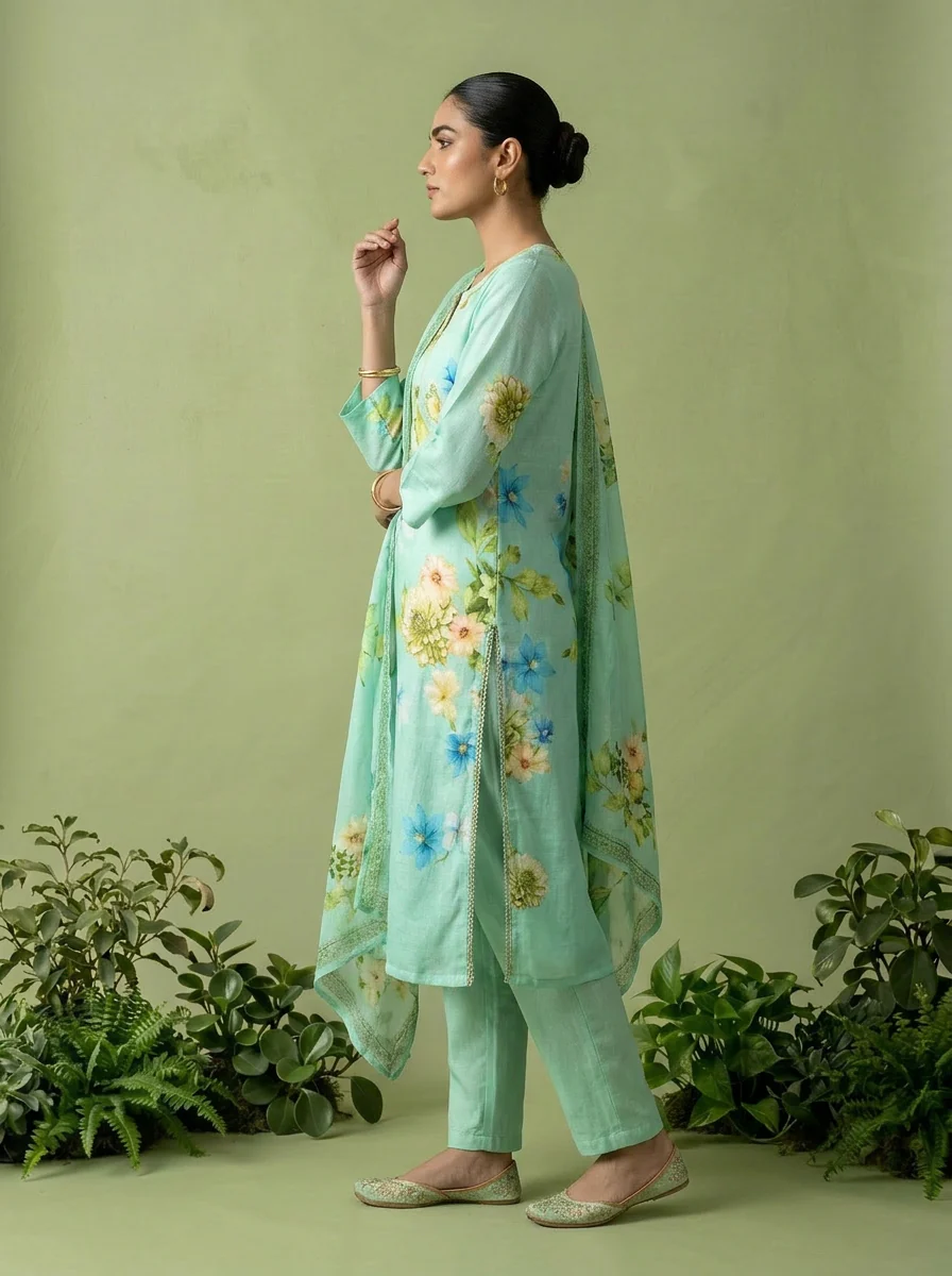 Mint Linen Heavy Floral Printed Three Piece Set - Image 3