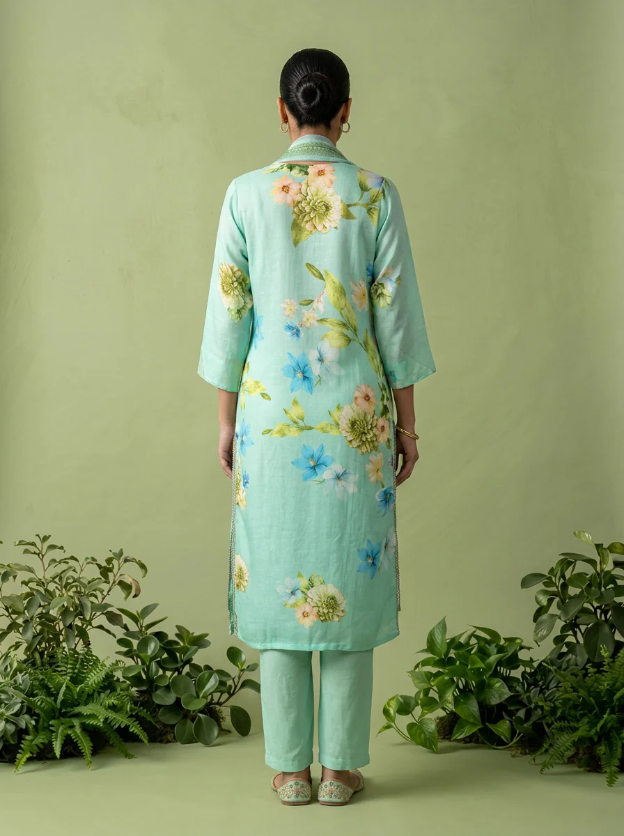 Mint Linen Heavy Floral Printed Three Piece Set - Image 4