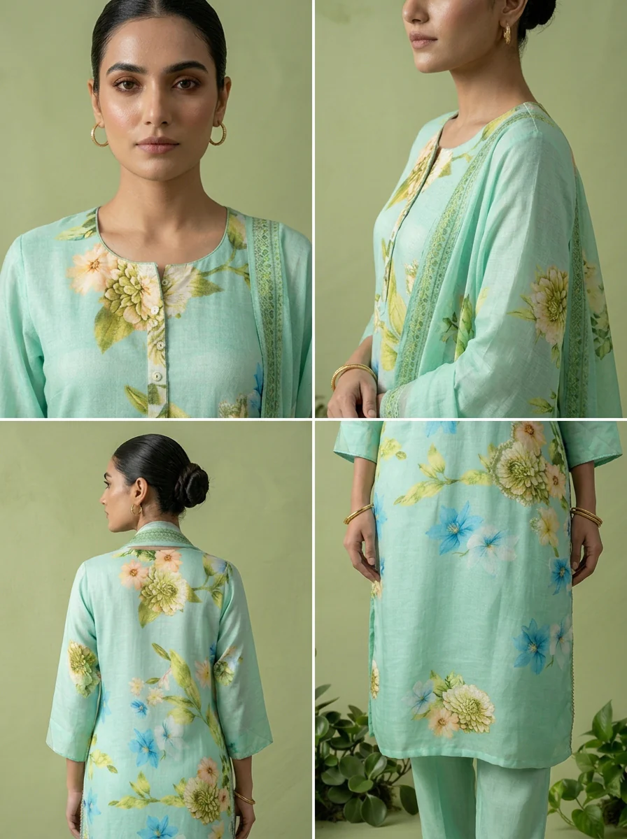 Mint Linen Heavy Floral Printed Three Piece Set - Image 5