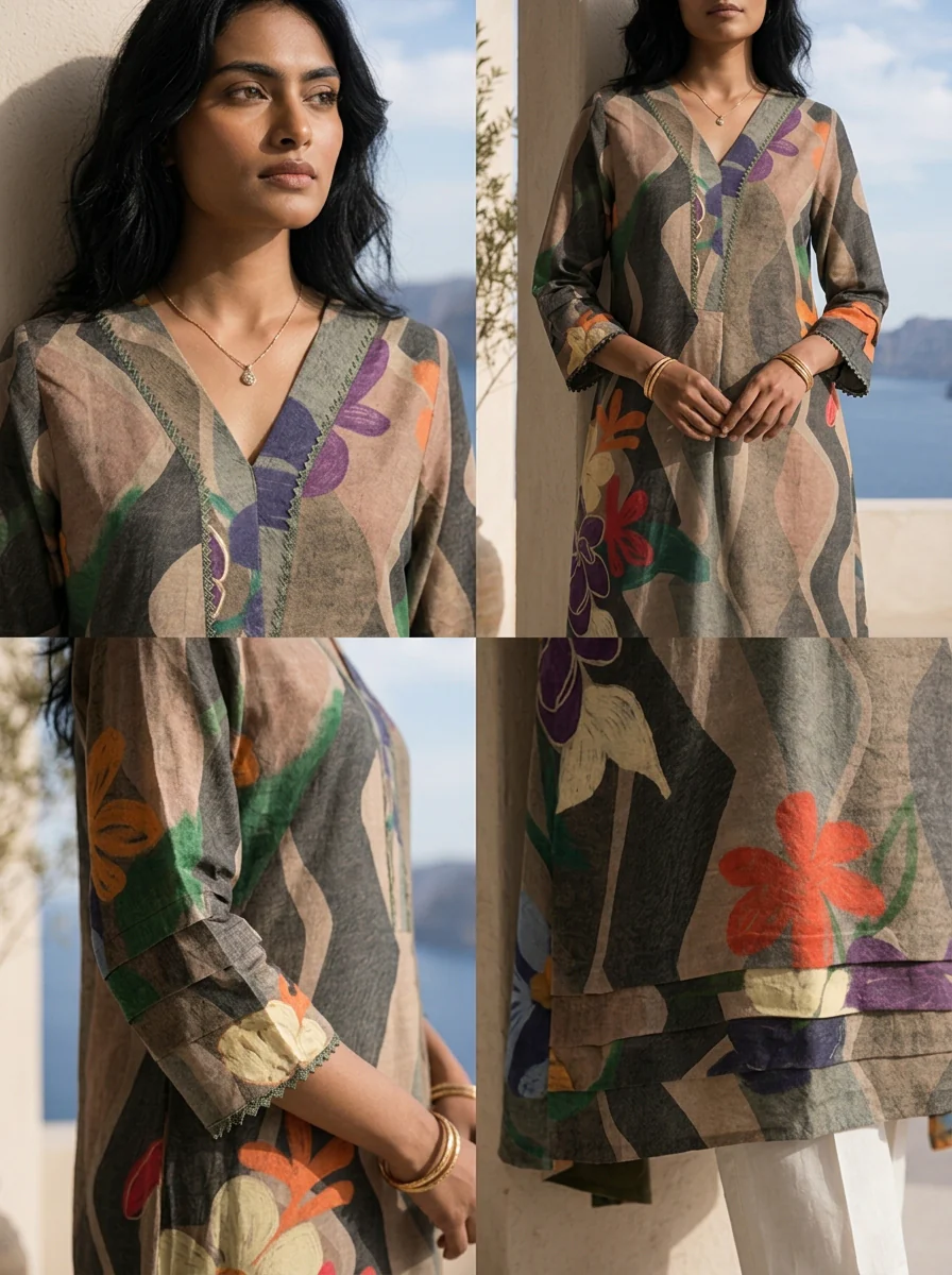 Multi Abstract And Floral Printed Rayon Kurta - Image 4