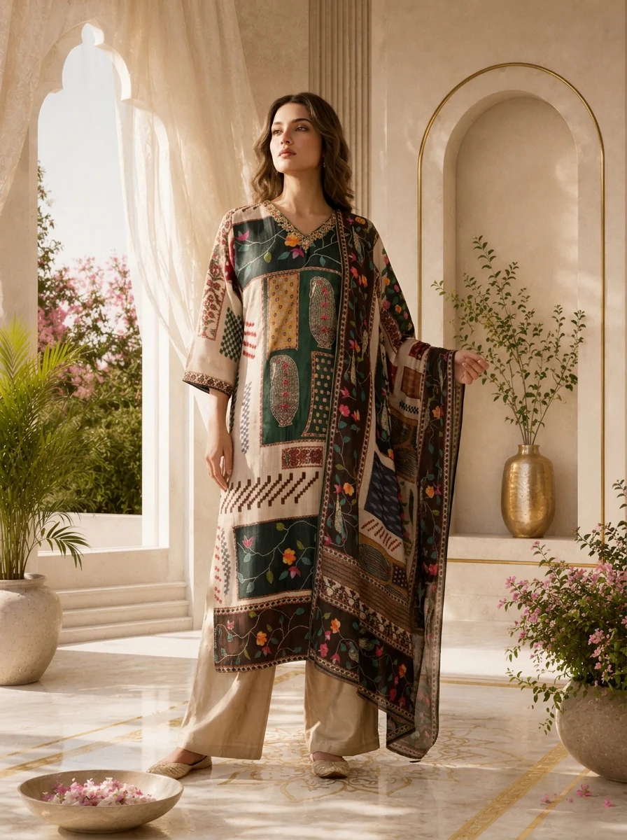 Multi Linen Floral Beads Embroidered And Printed Three Piece Set - Image 2