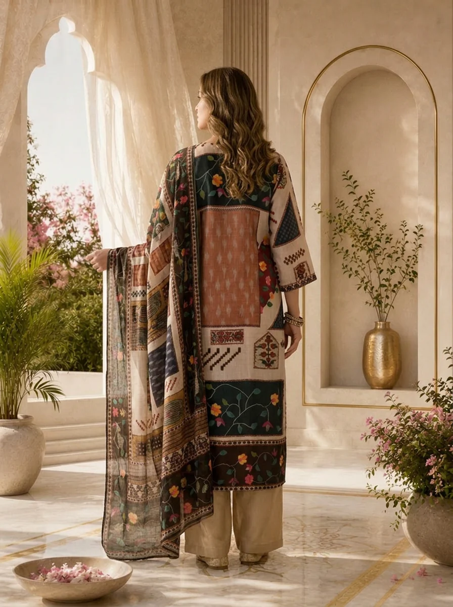 Multi Linen Floral Beads Embroidered And Printed Three Piece Set - Image 3