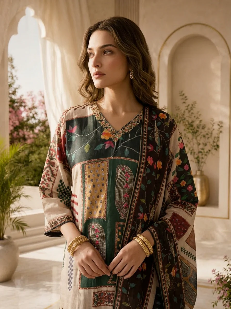 Multi Linen Floral Beads Embroidered And Printed Three Piece Set - Image 4
