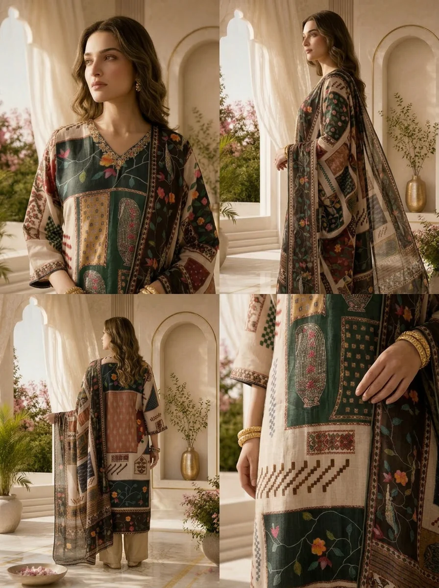 Multi Linen Floral Beads Embroidered And Printed Three Piece Set - Image 5