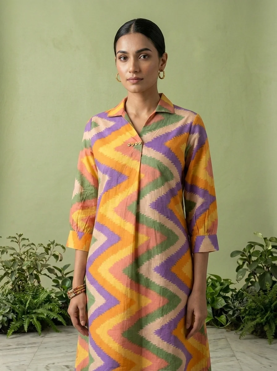 Multicolor Cotton Chevron Printed Two Piece Set