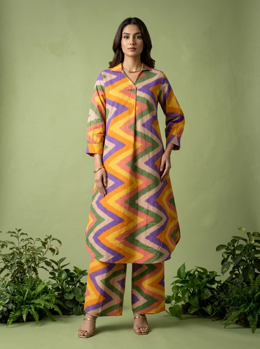 Multicolor Cotton Chevron Printed Two Piece Set - Image 2