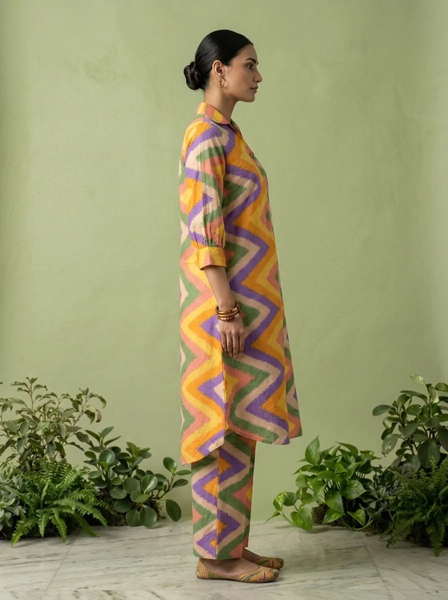 Multicolor Cotton Chevron Printed Two Piece Set - Image 3