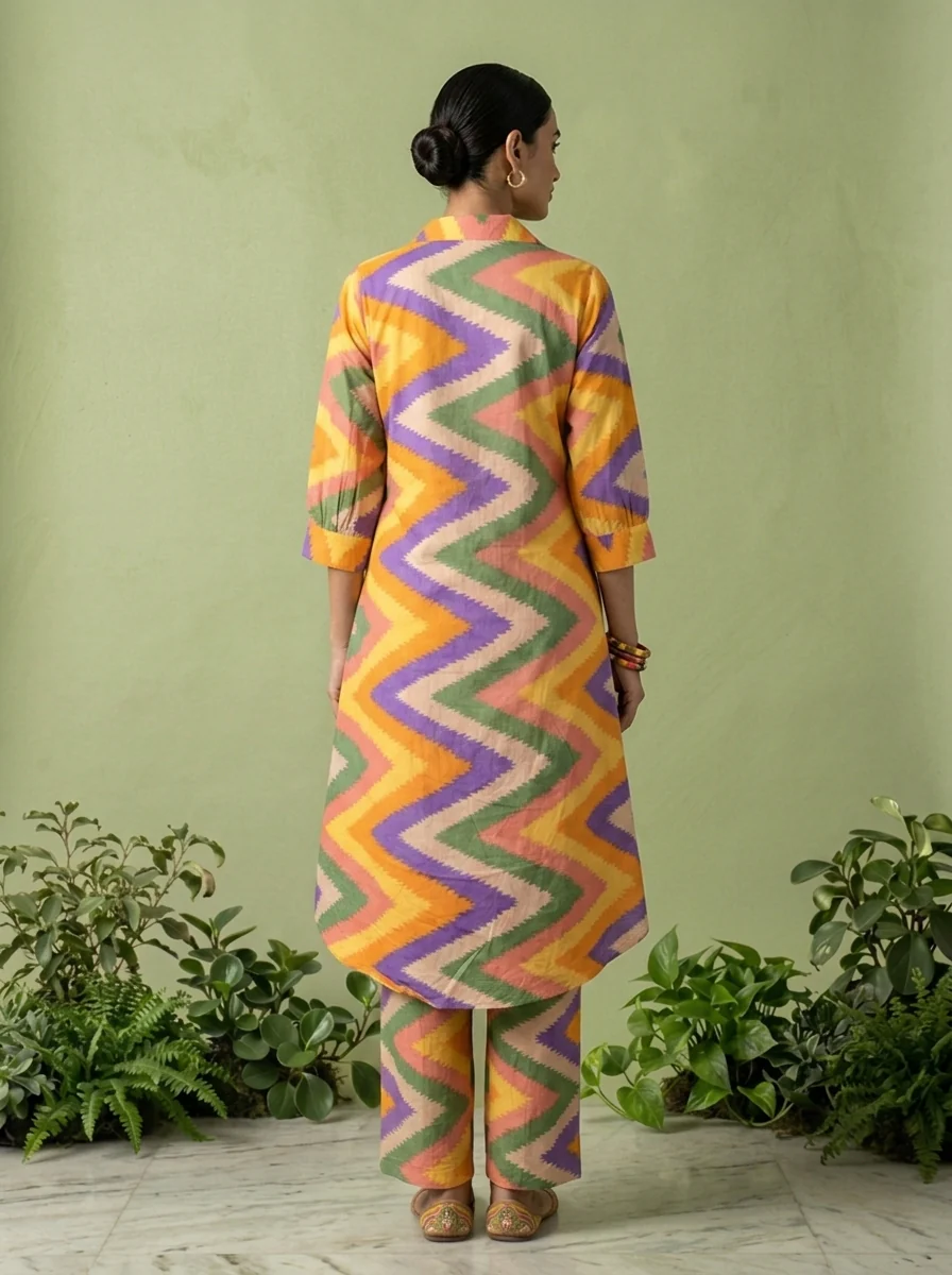 Multicolor Cotton Chevron Printed Two Piece Set - Image 4