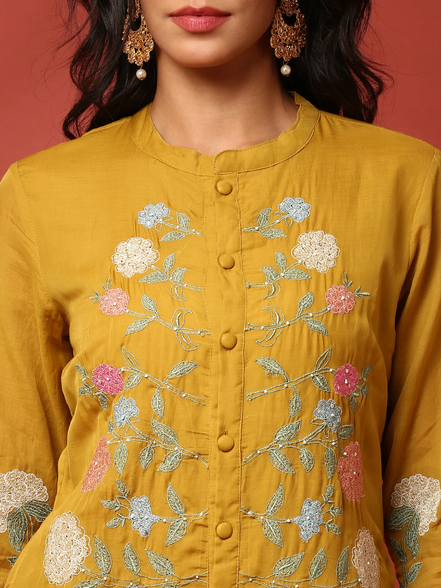Muslin Mustard Resham embroidered three piece suit set - Image 4