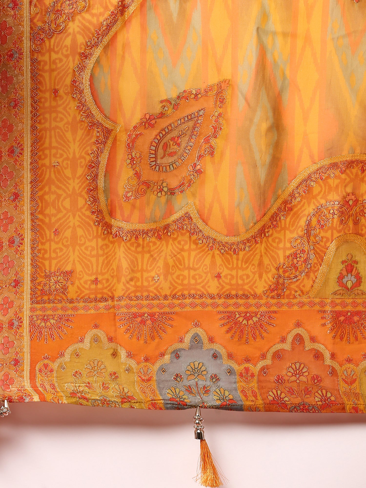 Mustard and green striped silk embroidered anarkali set - Image 7