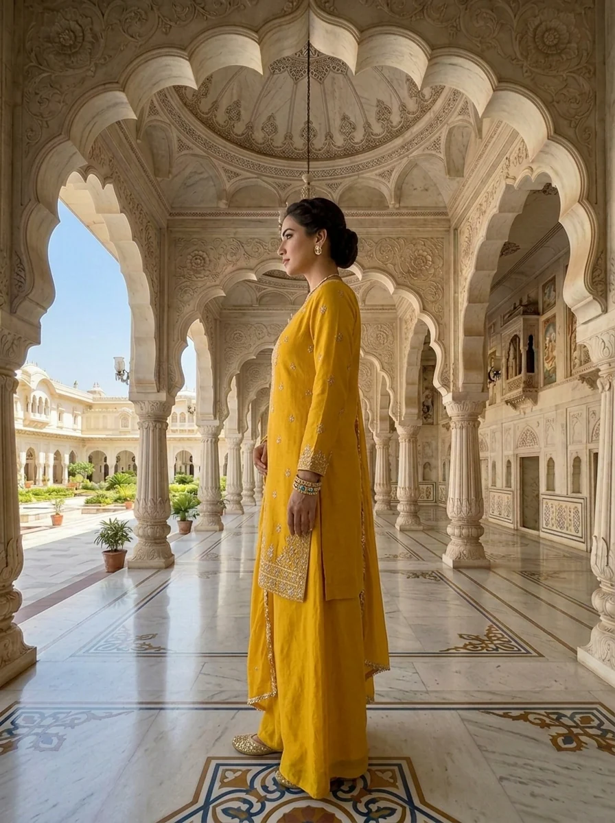 Mustard Chinon Beads And Sequins Embroidered Three Piece Set - Image 2