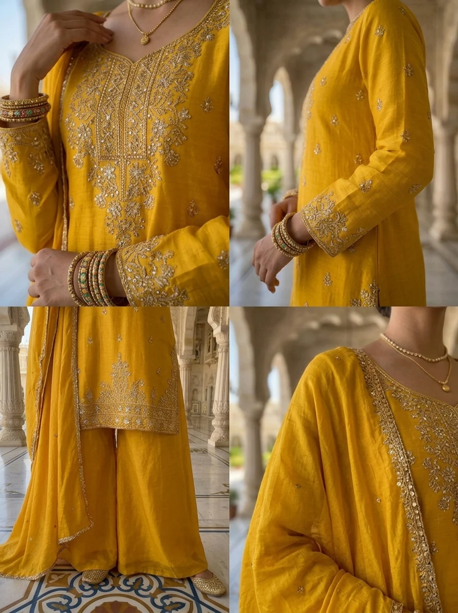 Mustard Chinon Beads And Sequins Embroidered Three Piece Set - Image 5