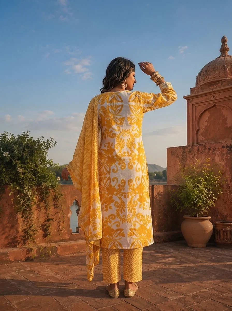 Mustard Cotton Baroque Floral Printed Three Piece Set - Image 2