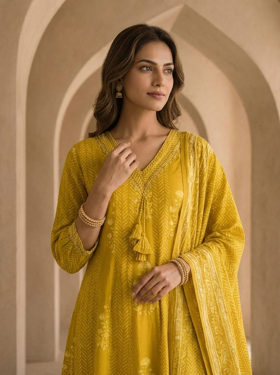 Mustard Cotton Beads Embroidery And Stripe Design Three Piece Set