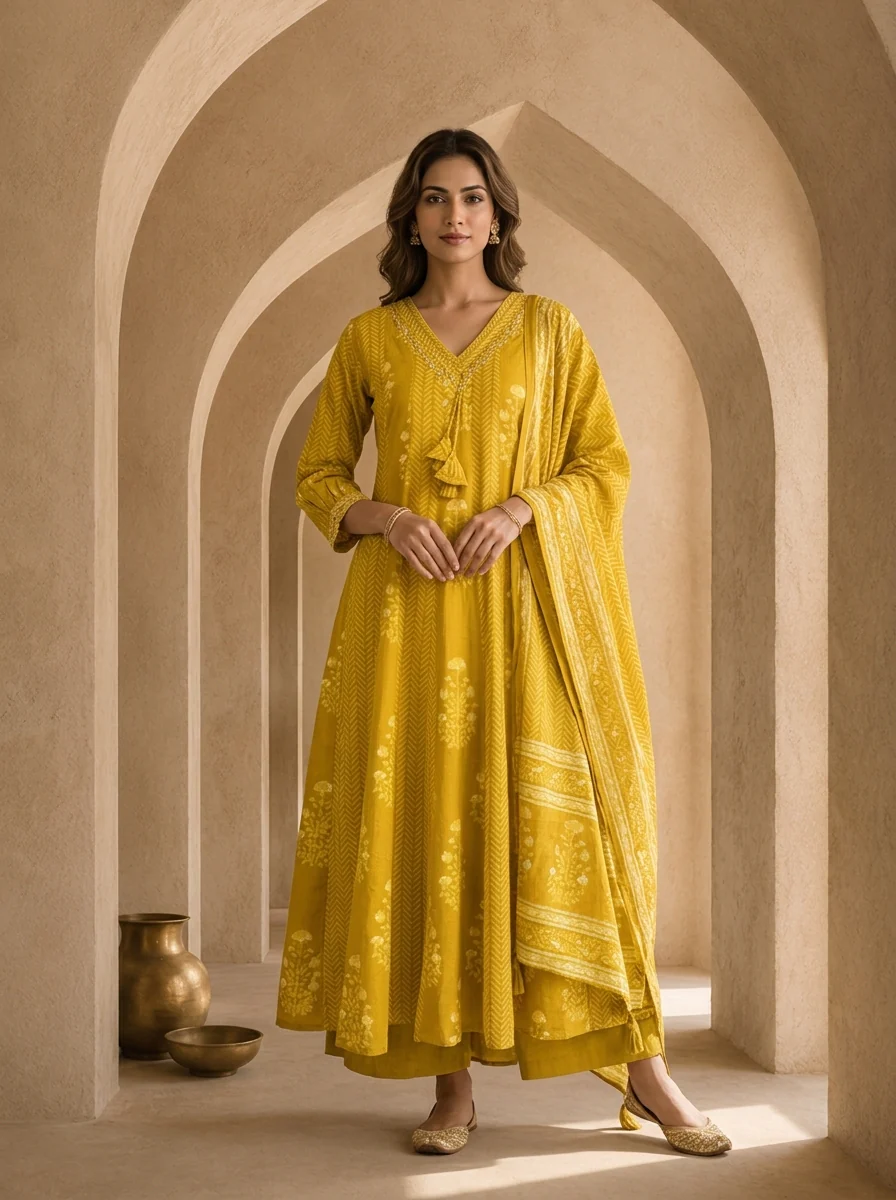 Mustard Cotton Beads Embroidery And Stripe Design Three Piece Set - Image 2