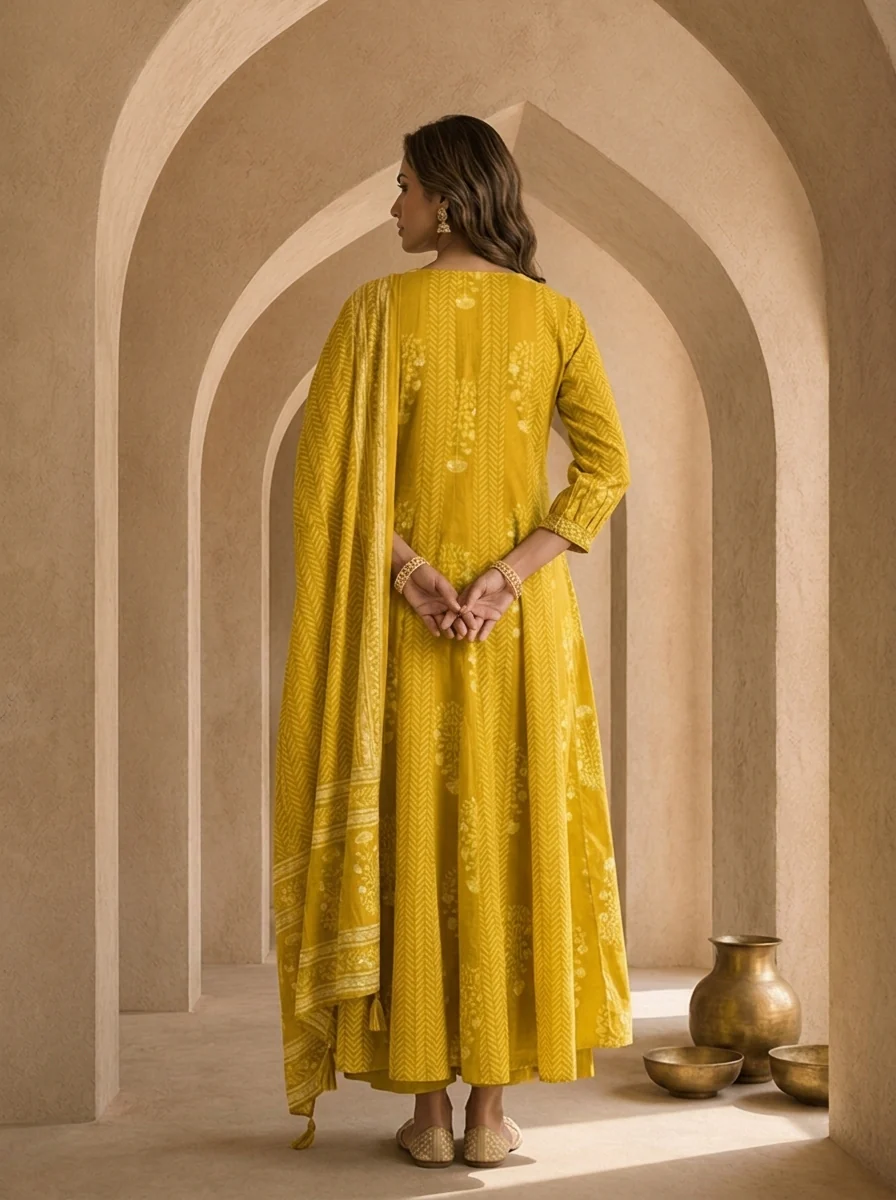 Mustard Cotton Beads Embroidery And Stripe Design Three Piece Set - Image 3