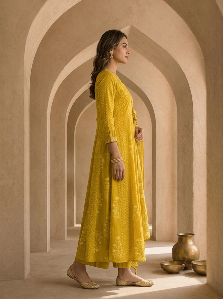 Mustard Cotton Beads Embroidery And Stripe Design Three Piece Set - Image 4
