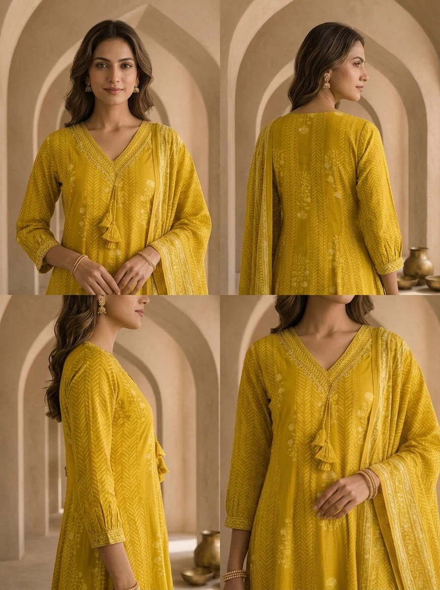 Mustard Cotton Beads Embroidery And Stripe Design Three Piece Set - Image 5