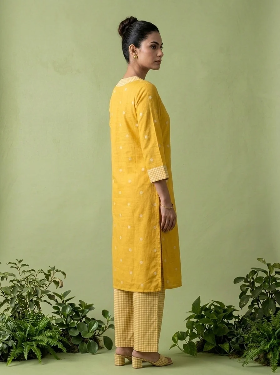 Mustard Cotton Check Printed Two Piece Set - Image 3
