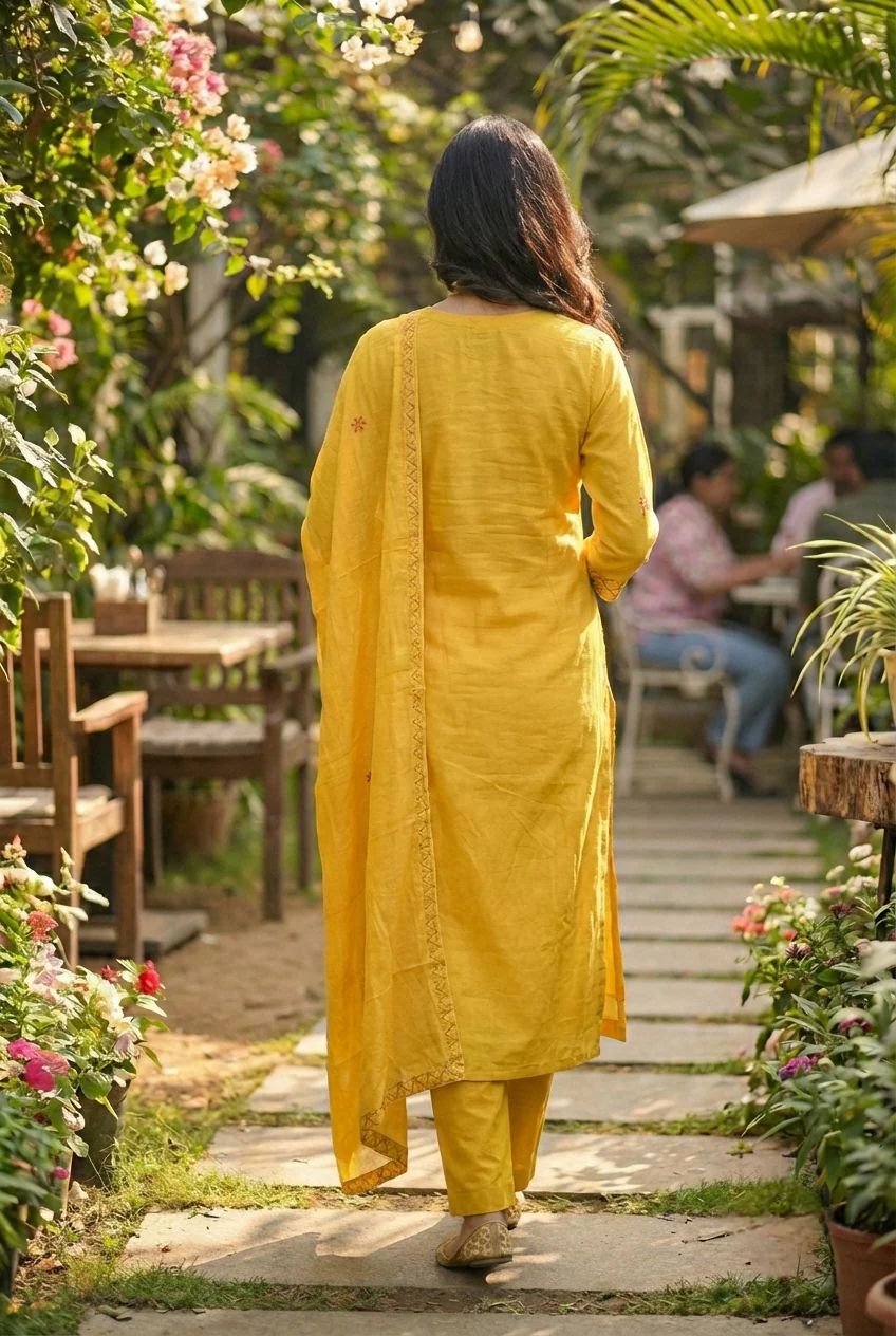 Mustard Cotton Floral Embroidery Three Piece Set - Image 4