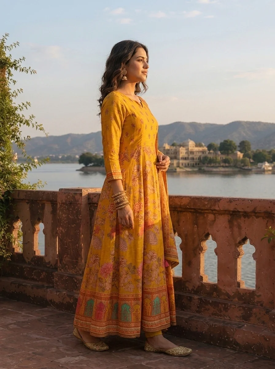 Mustard Cotton Floral Jaal With Jharokha Border Printed Three Piece Set - Image 4