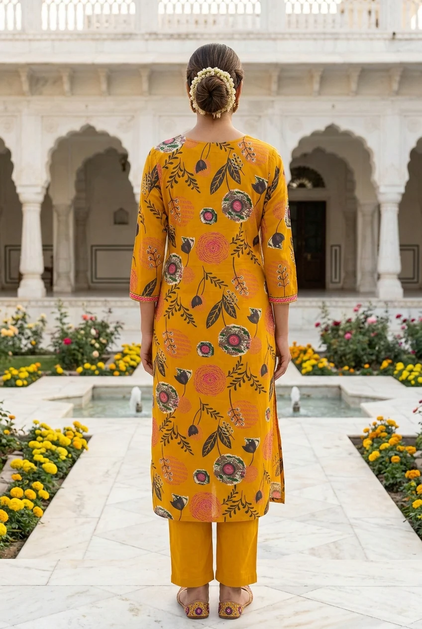 Mustard Cotton Floral Printed Three Piece Set - Image 2