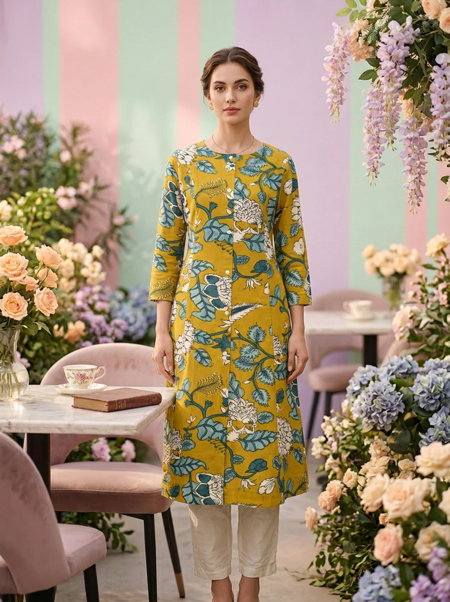Mustard Cotton Floral Printed Two Piece Set