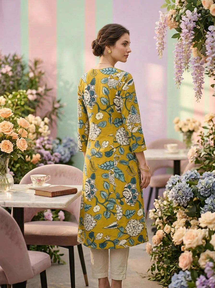 Mustard Cotton Floral Printed Two Piece Set - Image 2