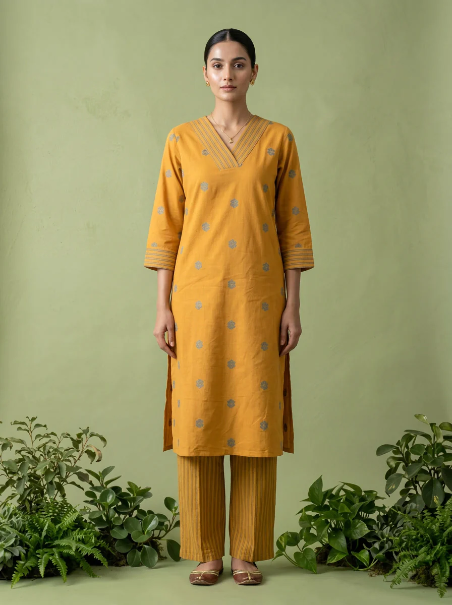 Mustard Cotton Floral Thread Embroidered Two Piece Set - Image 2